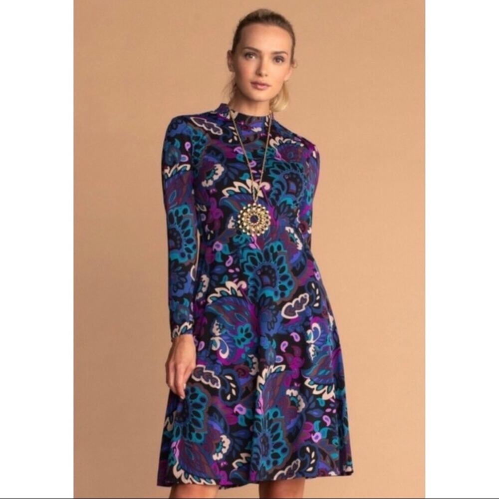 Trina Turk Tia Rosita Point Bonita Paisley Mock Neck Long Sleeve Dress Size 2 - Picture 2 of 13